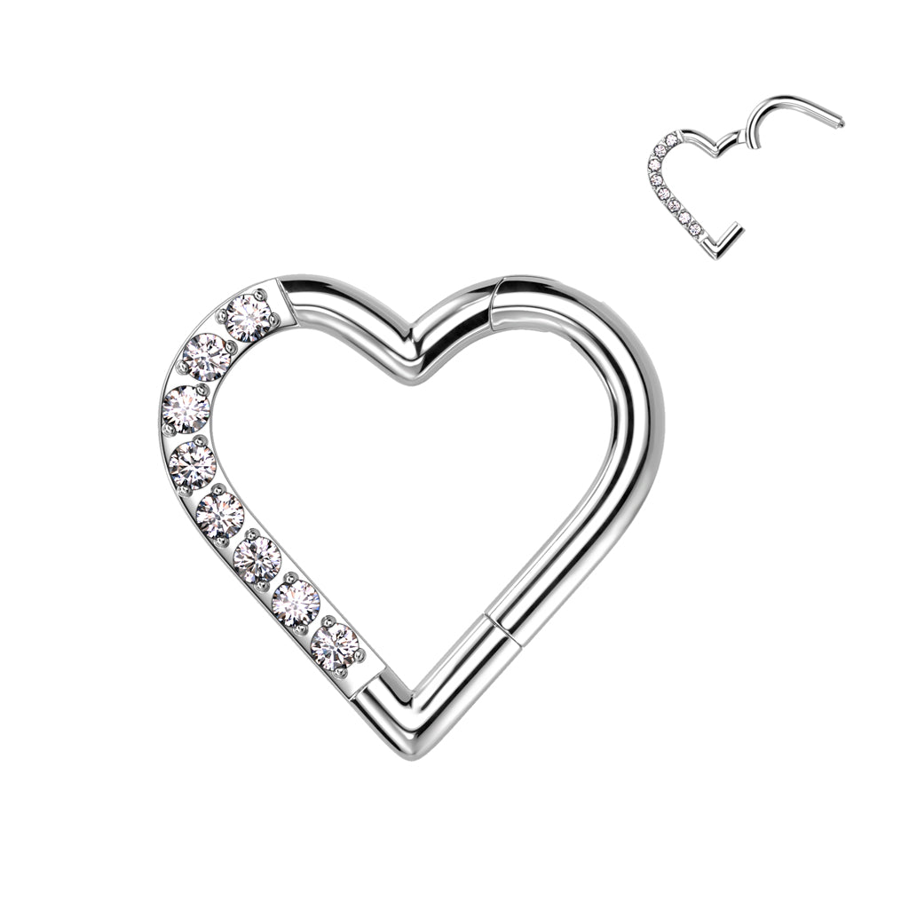 16G Titanium Hinged Hoop W/ Half Pave CZ Heart For Daith Piercings